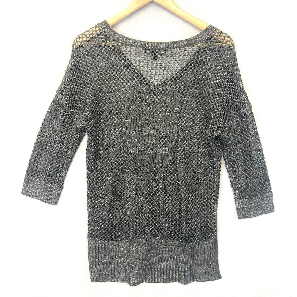 Rock & Republic Skull Open Knit‎ Pullover Sweater Womens Medium Gray Punk Goth